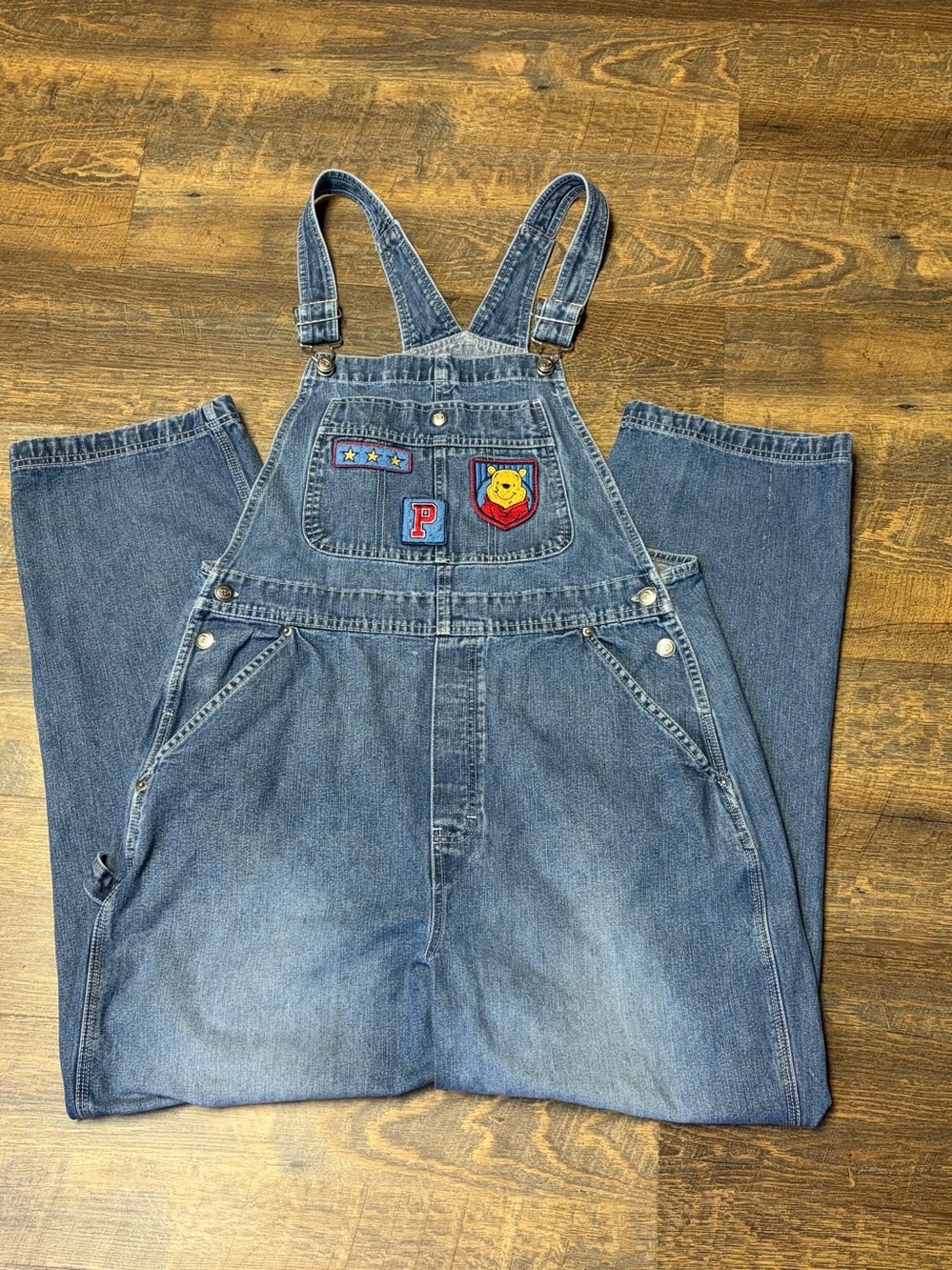 VTG 90s Disney Winnie The Pooh Denim Overalls Large Carpenter Bib Varsity Patch